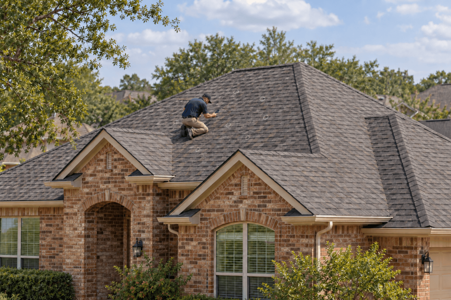 Roofer photographing shingles beside small chalk circles marking hail damage on a brick home.