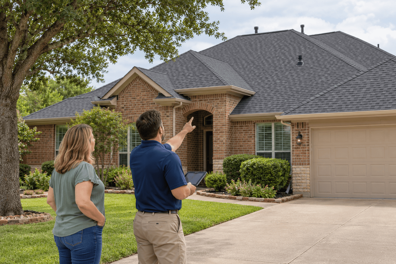 Roofing professional discussing an asphalt shingle roof with a homeowner