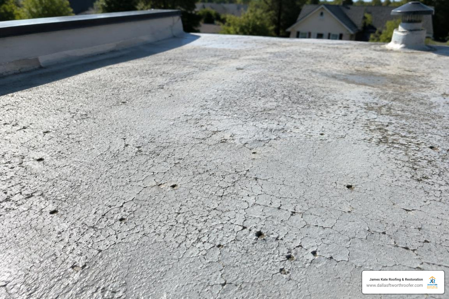a-homeowners-troubleshooting-guide-for-leaky-fibreglass-roofs-image alligatoring cracks and pinholes in a GRP roof topcoat