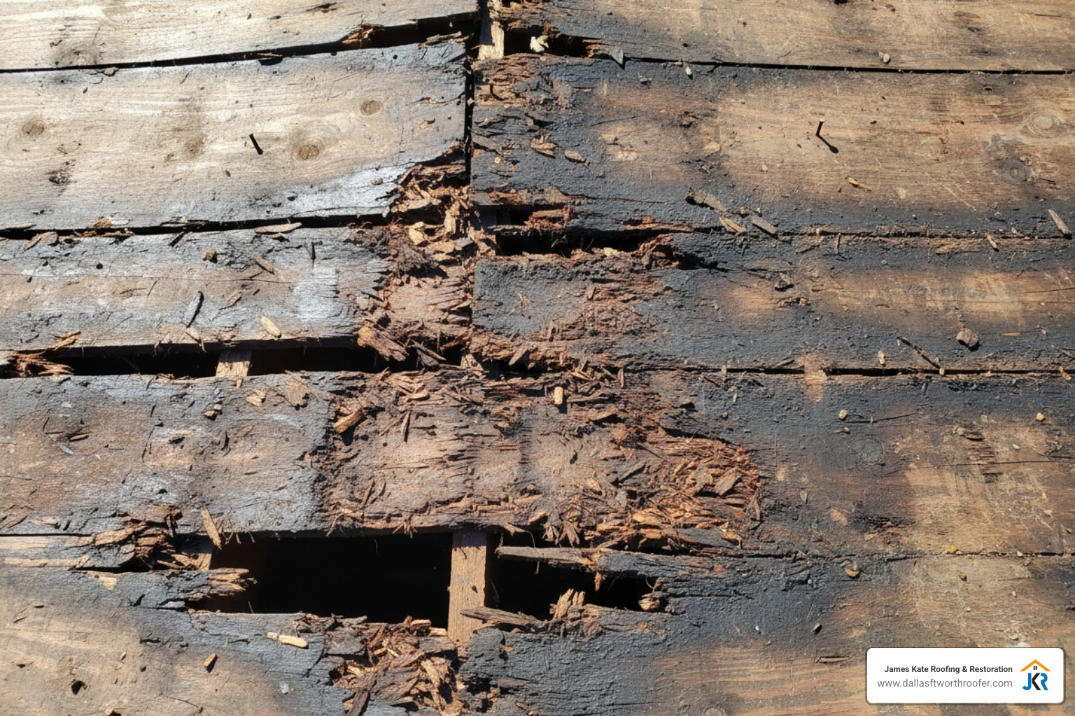 damaged roof sheathing exposed during repair showing rotted plywood panels - Roof decking repair