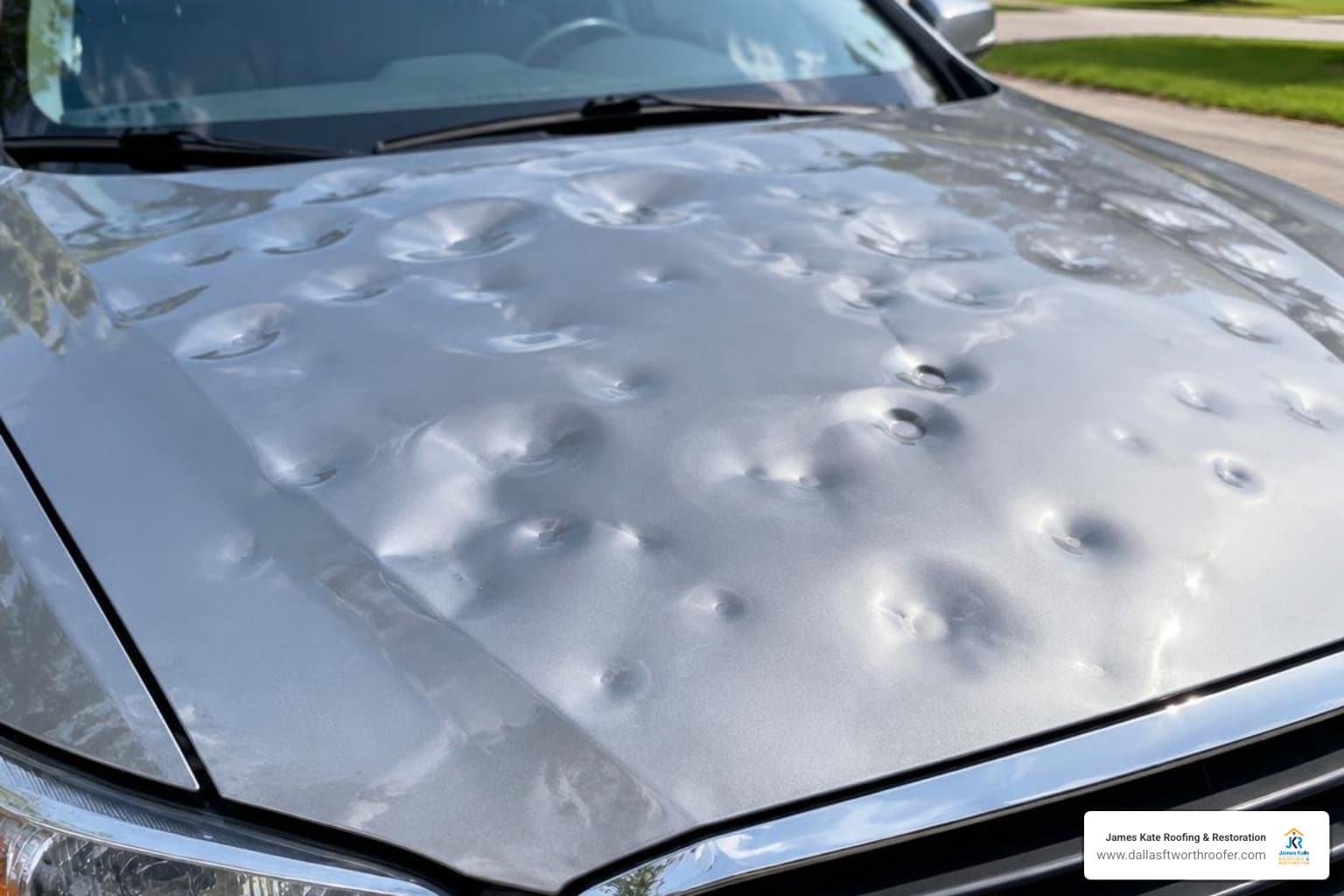 Deep hail dents on an aluminum car hood