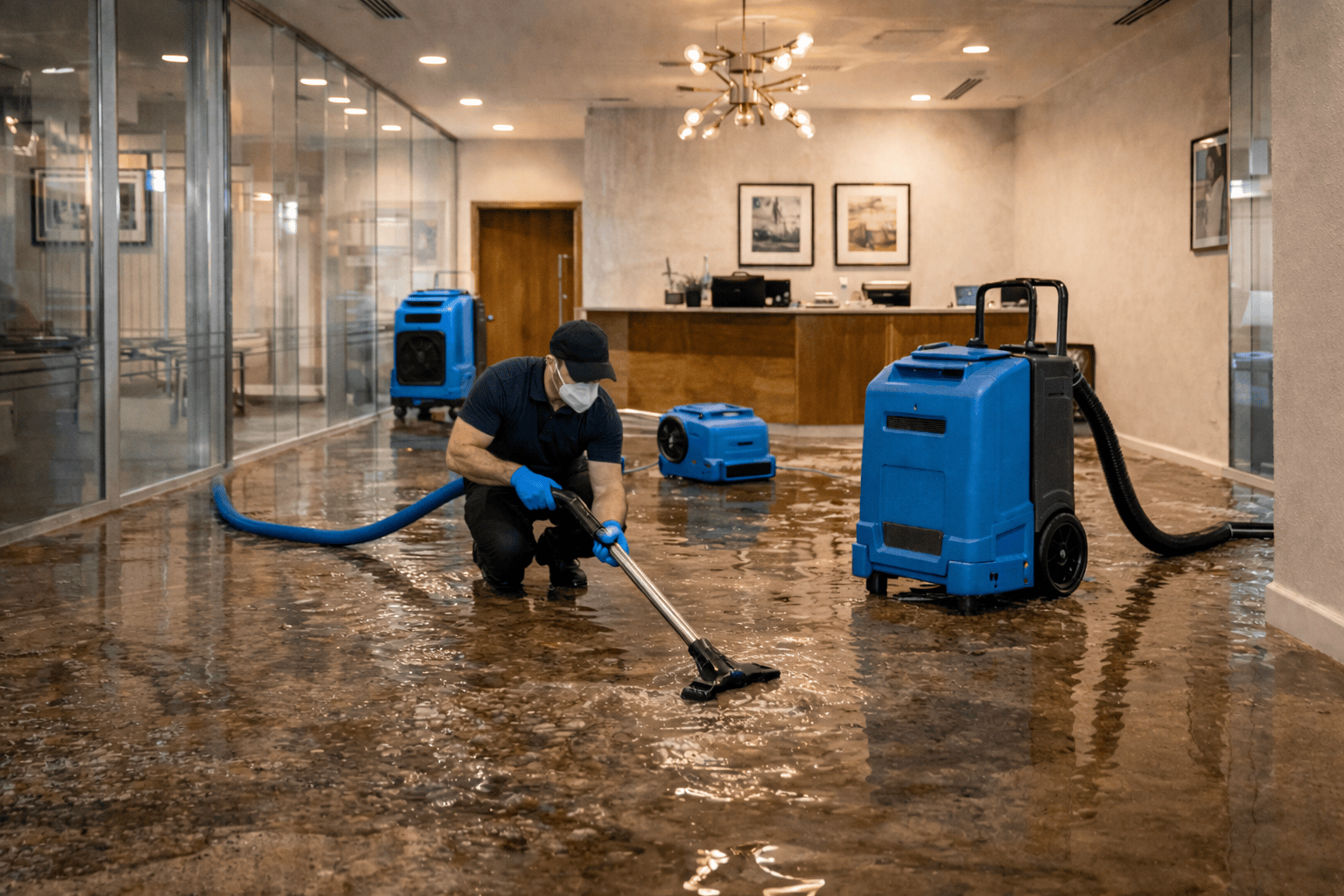 Commercial Restoration Services in DFW Commercial restoration team performing water damage mitigation inside a business property in the Dallas–Fort Worth Metroplex