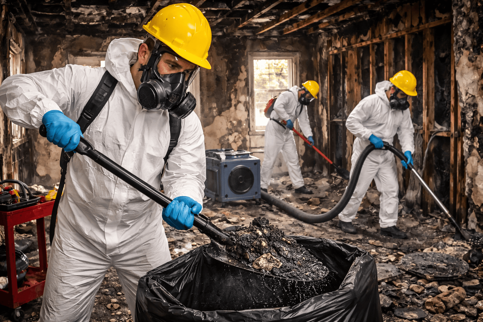 Fire Damage Restoration in DFW | James Kate Restoration Fire damage restoration team cleaning smoke and soot inside a DFW residential property