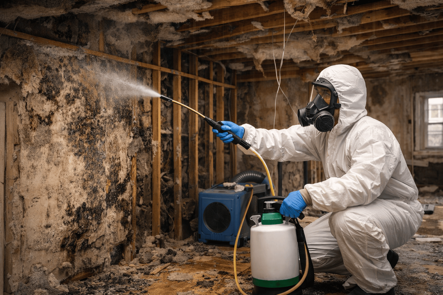 Mold Remediation Services in DFW | James Kate Restoration Mold remediation technician removing mold contamination from a home in the Dallas–Fort Worth area