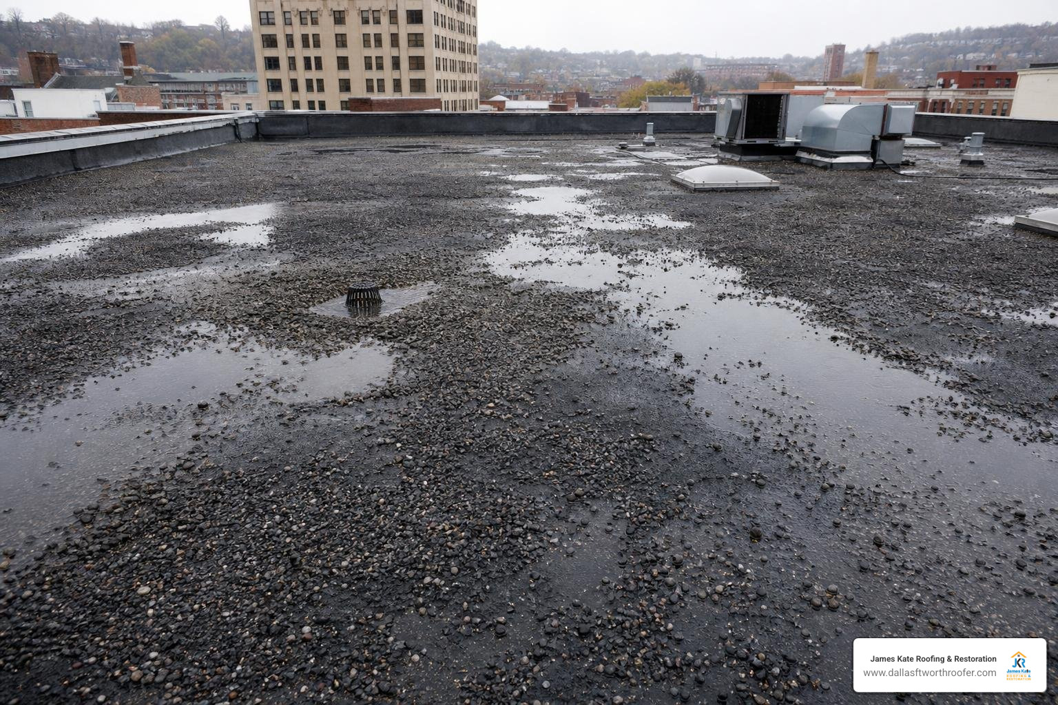 tar gravel roof weather damage commercial flat roof with gravel ballast storm impact