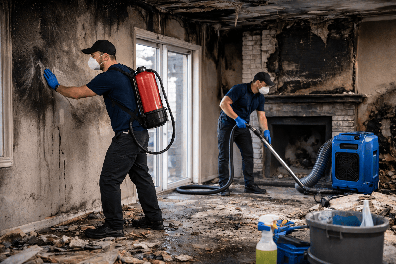 Emergency Fire Damage Cleanup Services Fire damage restoration technicians performing immediate smoke and soot cleanup after a house fire