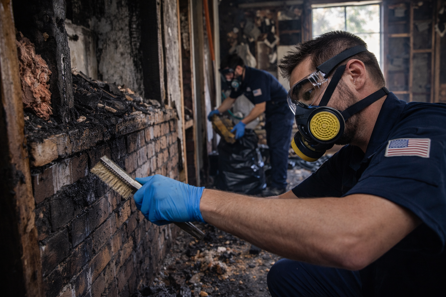 Fire Damage Cleanup and Smoke Restoration | James Kate Restoration Fire damage restoration professionals cleaning smoke and soot from a burned kitchen after a residential fire