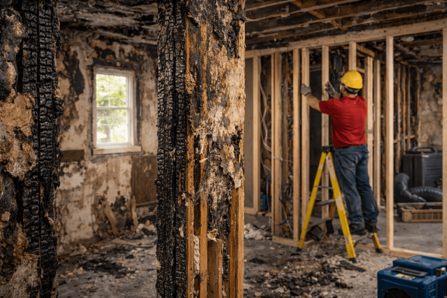 Restoration professional inspecting framing during reconstruction after fire damage inside a home