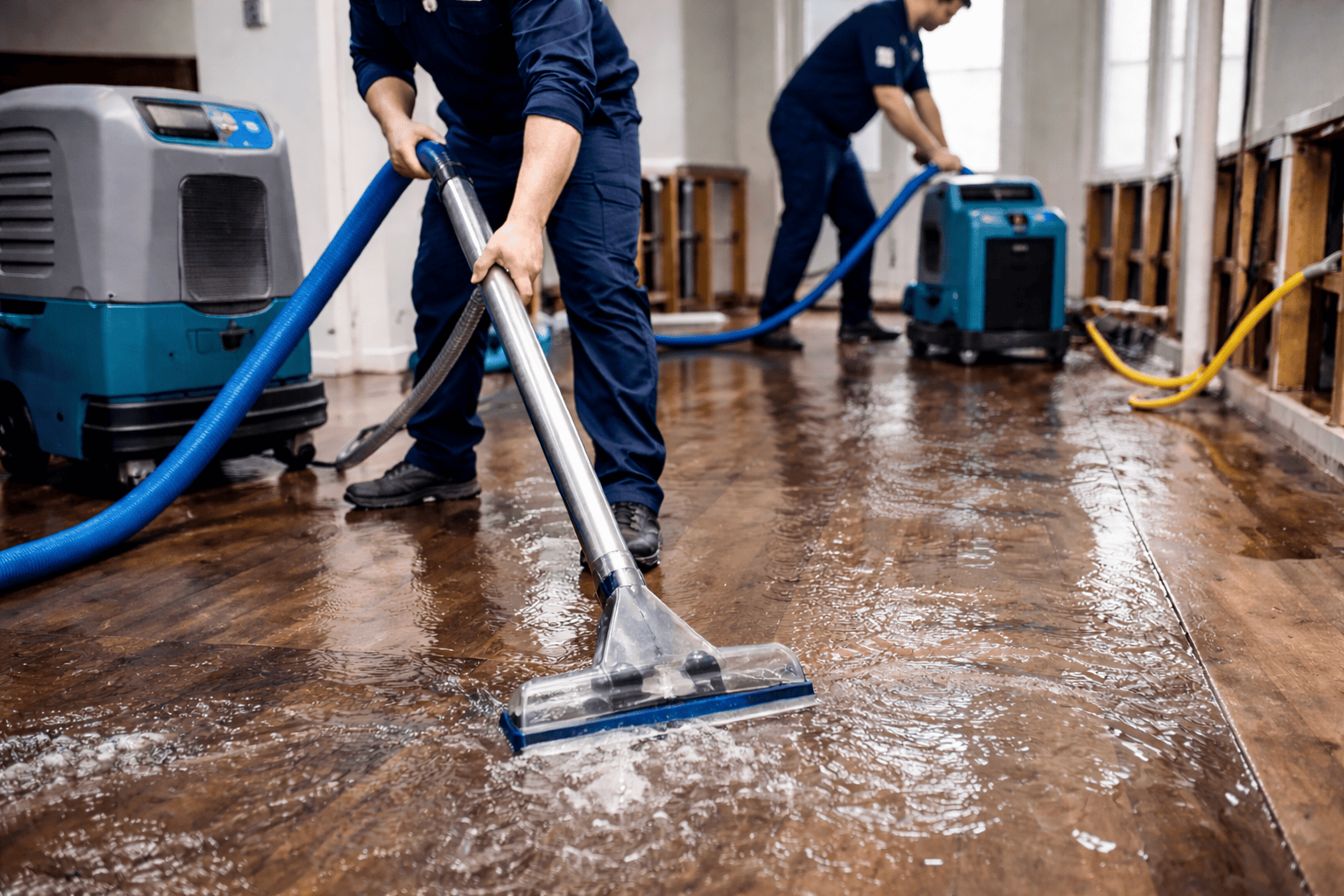 Water Damage Restoration in Fort Worth TX Water damage restoration technicians drying a flooded Fort Worth home