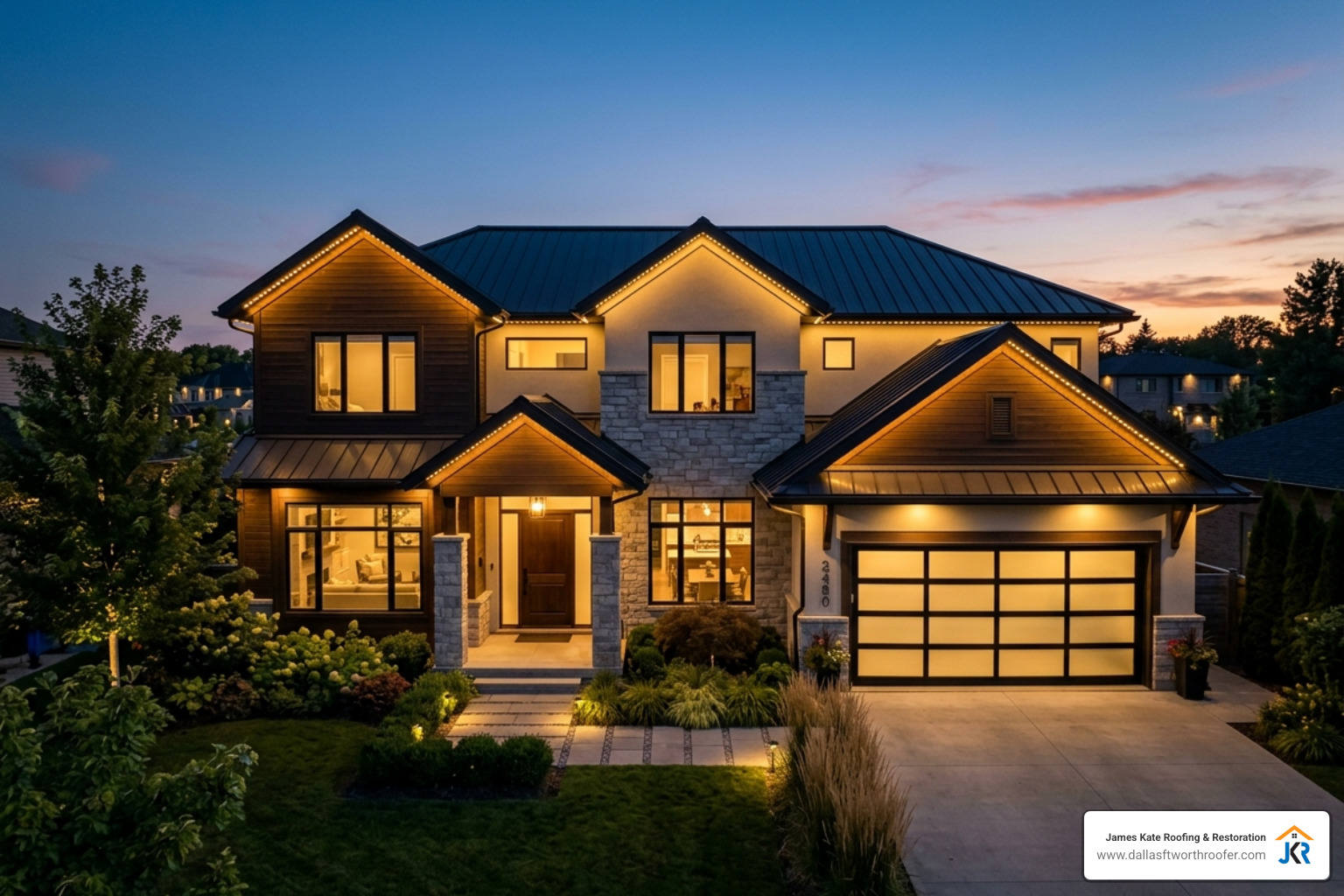 year round lights on modern home eaves at dusk showing curb appeal and smart lighting