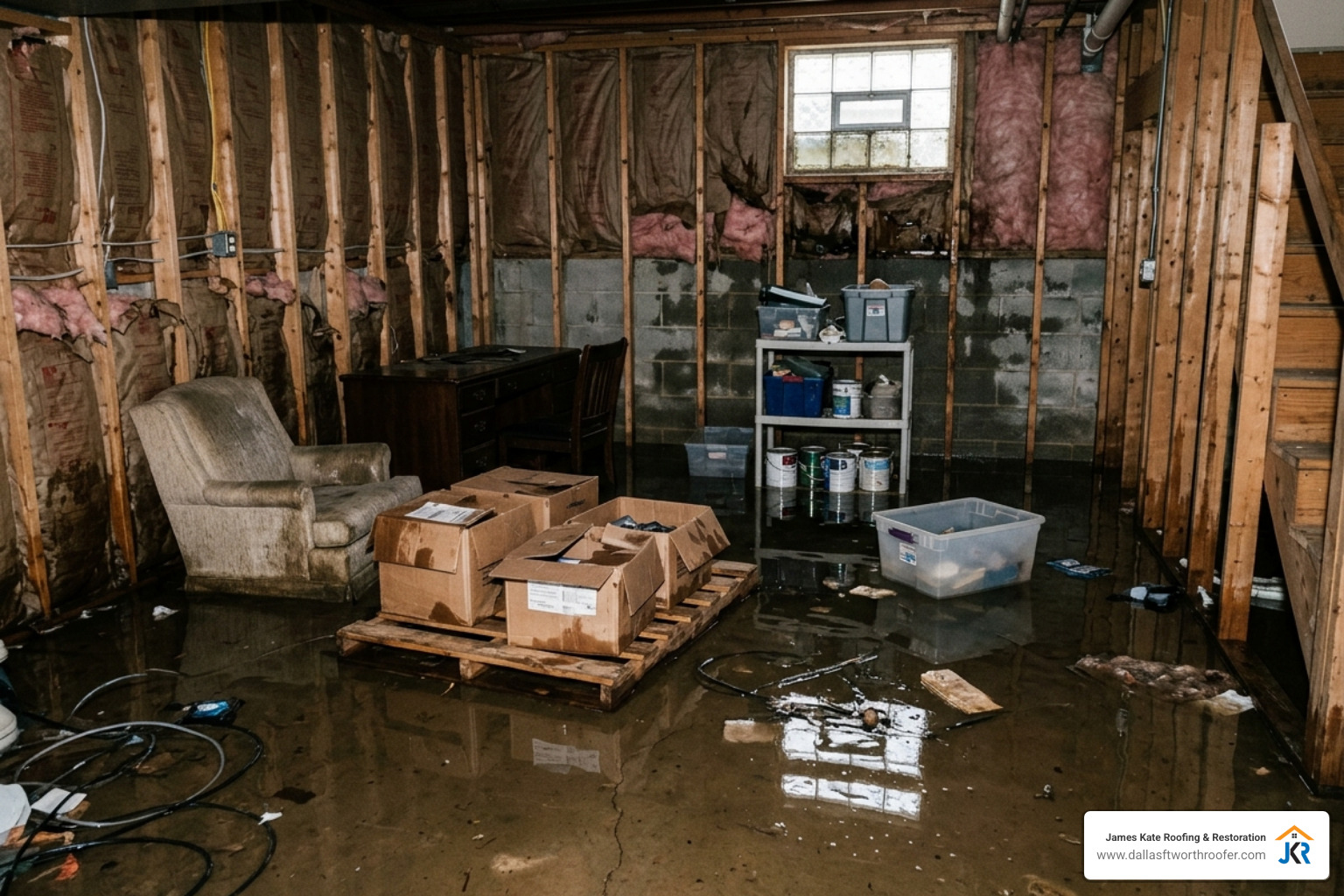 flooded residential basement - basement water cleanup