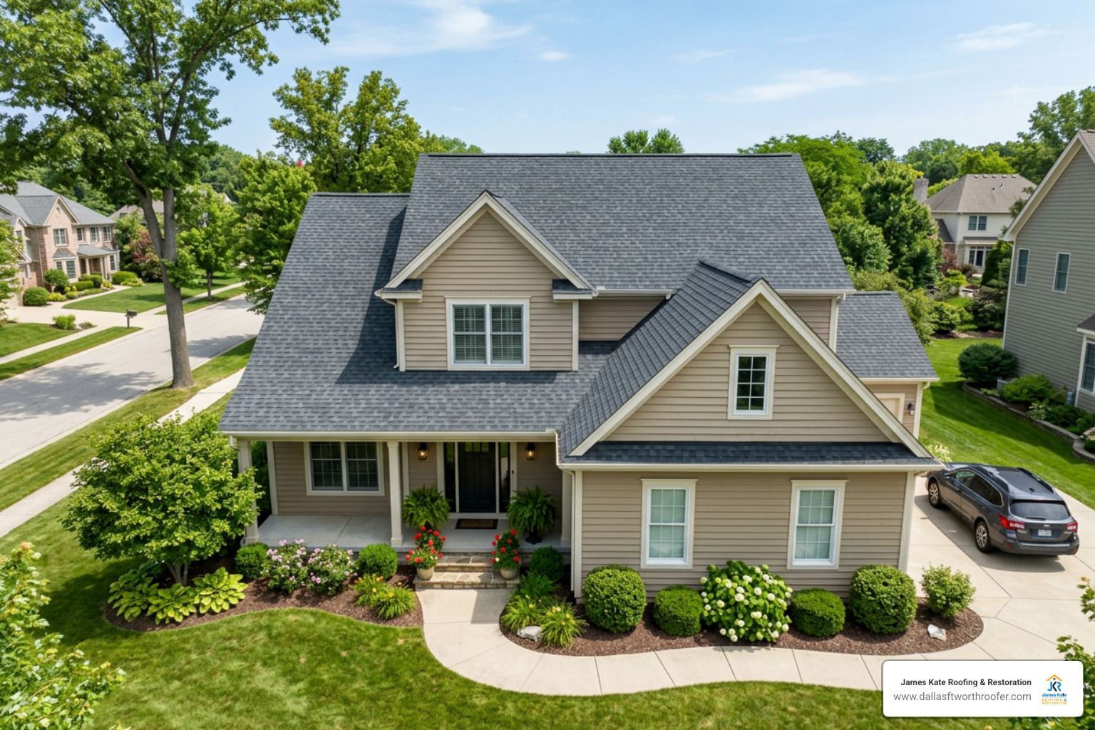 beautiful newly installed asphalt shingle roof on a suburban home, curb appeal, sunny day