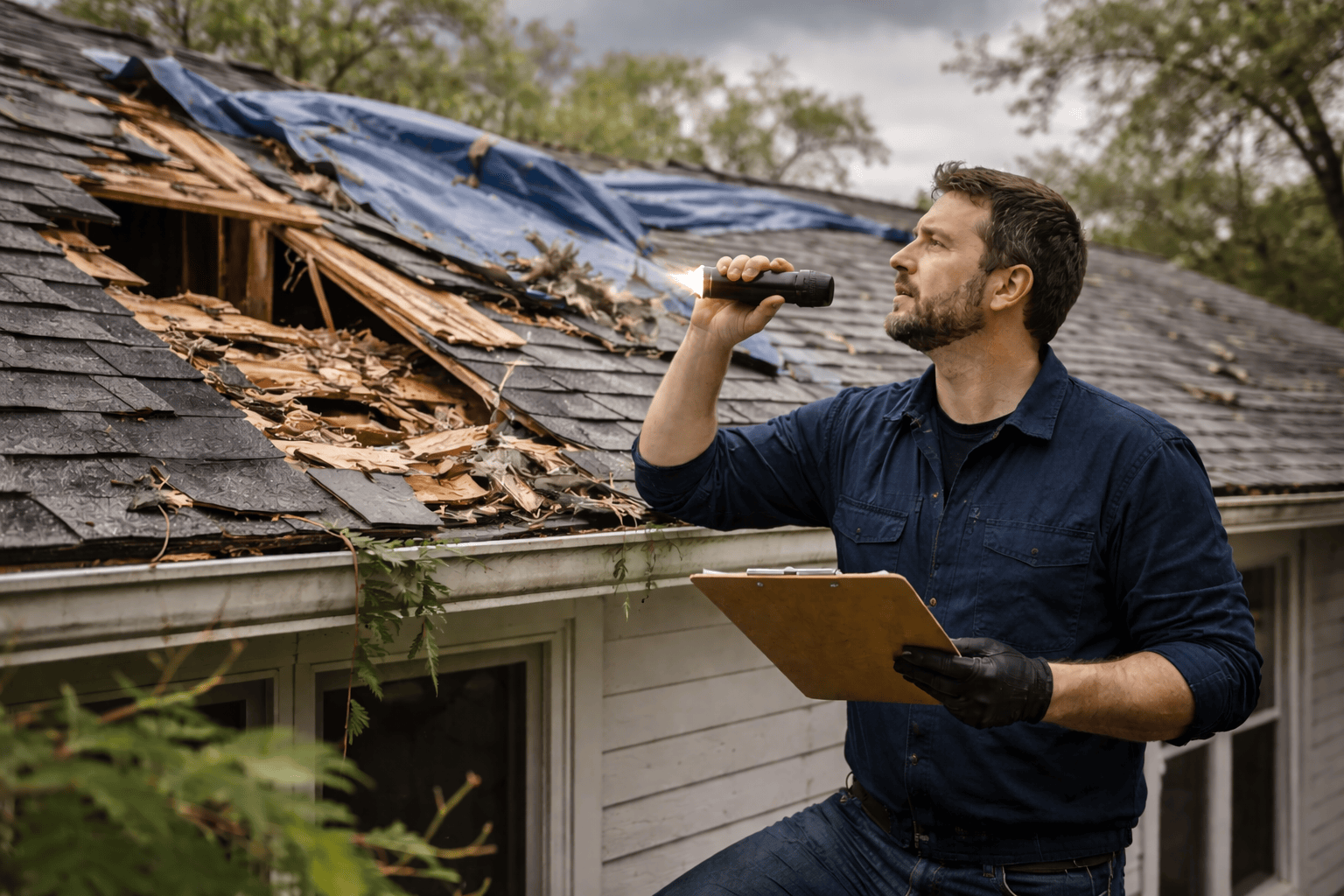 Storm Damage Restoration Inspection | James Kate Restoration Storm damage restoration specialist inspecting roof and structural damage after a severe storm