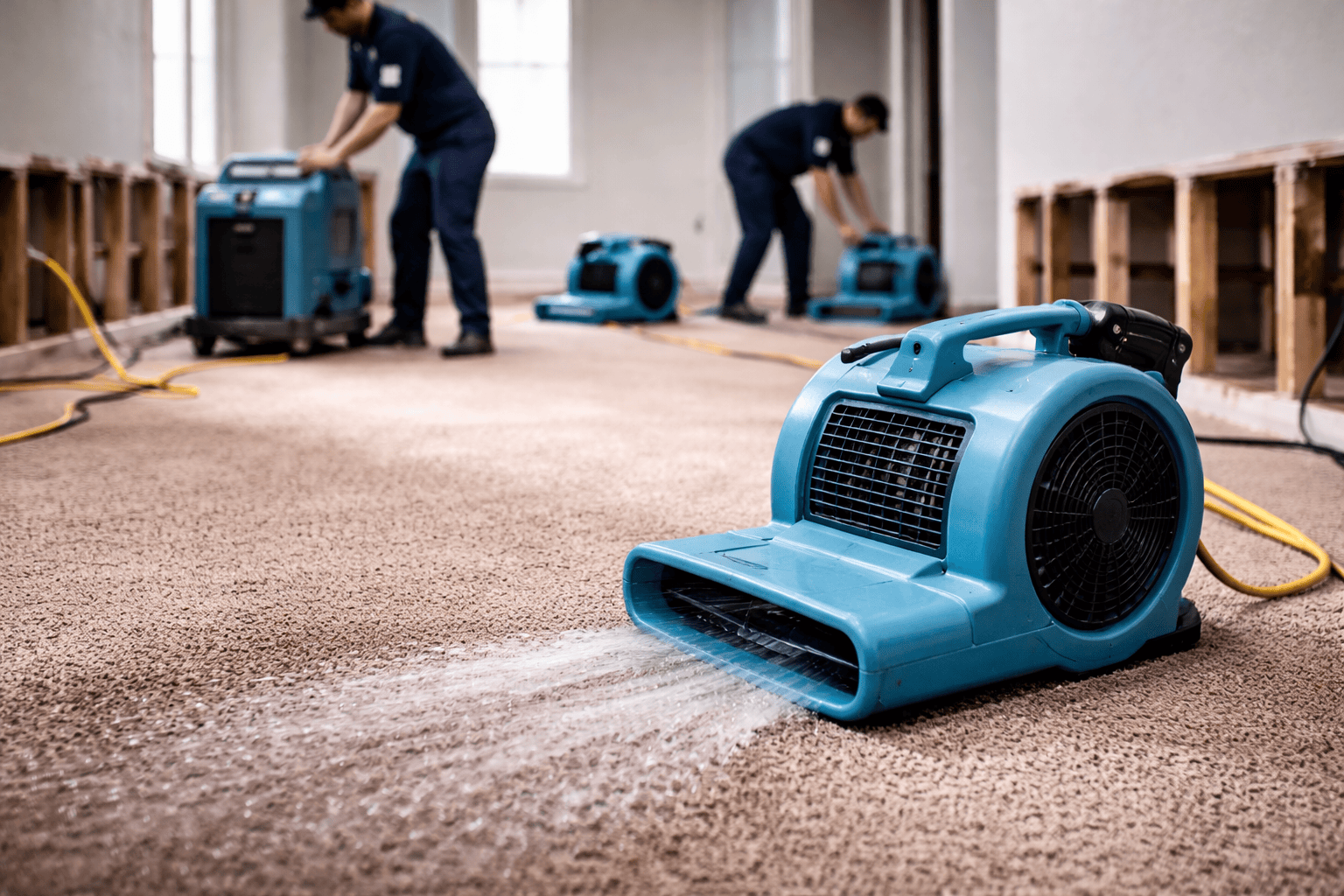 Structural Drying After Flood Damage Restoration Industrial dehumidifiers and air movers drying a room after flood cleanup and water damage restoration