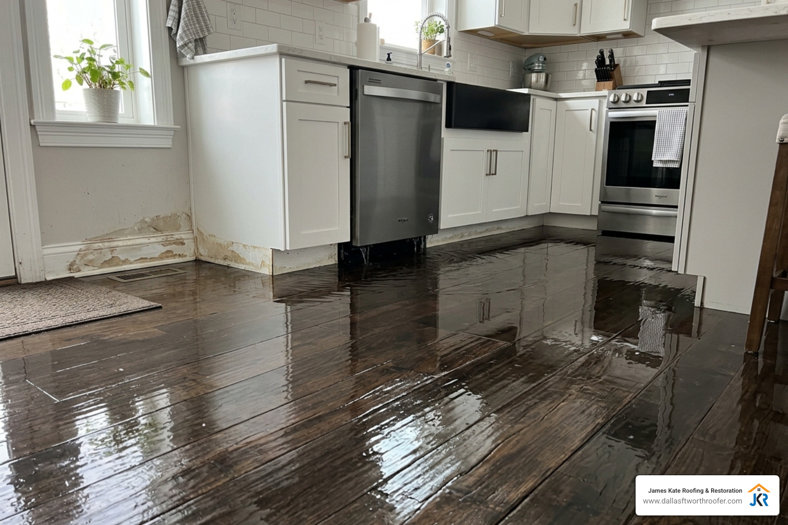 the-ultimate-guide-to-cleaning-up-after-appliance-leaks-image appliance leak cleanup flooded kitchen floor dishwasher water damage - appliance leak cleanup