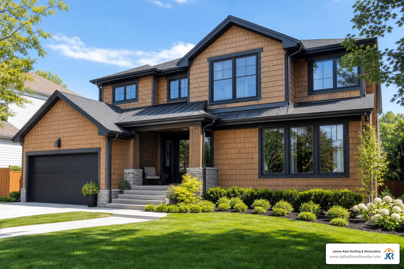 upgrade-your-curb-appeal-with-synthetic-cedar-shake-siding-image composite cedar shake siding on a modern home exterior with curb appeal