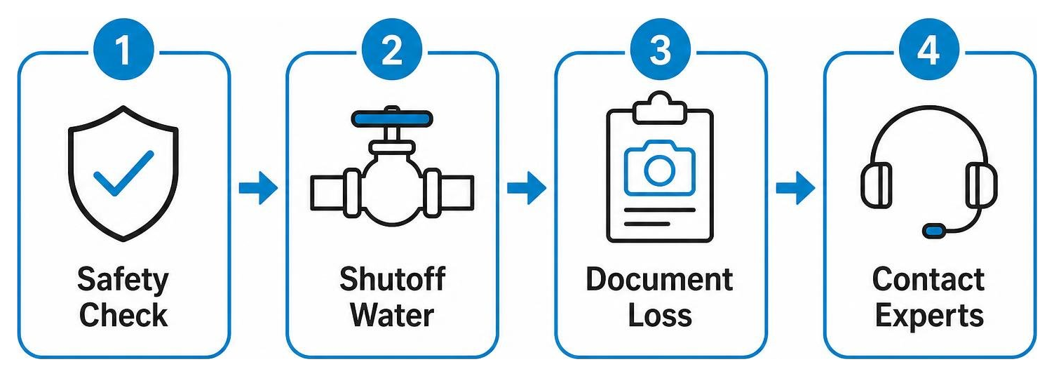 Step-by-step immediate response sequence: safety check, shutoff water, document loss, contact experts