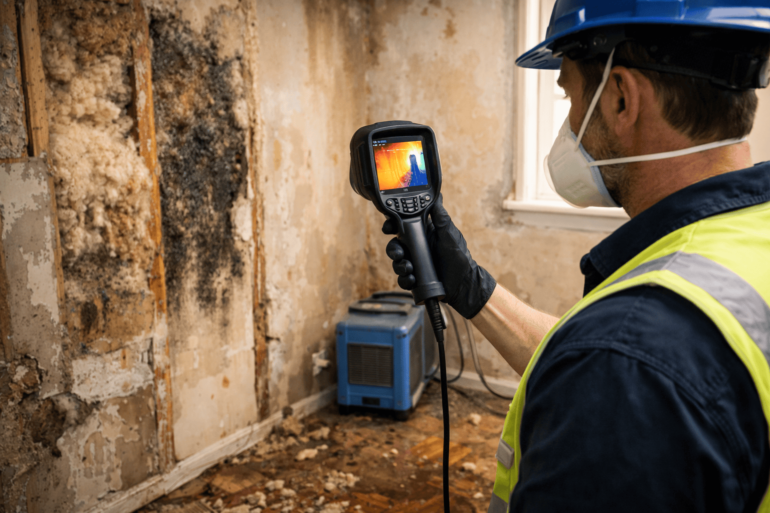 Restoration technician using a moisture meter to detect hidden water damage inside a wall after a leak